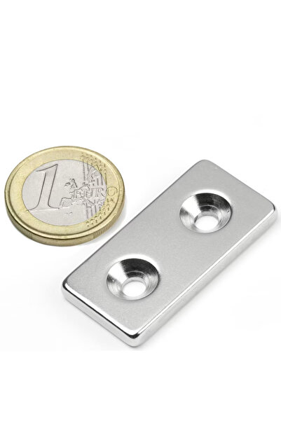 Dünya Magnet 10 Adet - Neodyum Mıknatıs, 40x20x5 Mm, D: 10/5 mm, Köşeli, İki Havşa Delikli, Güçlü Magnet, N35