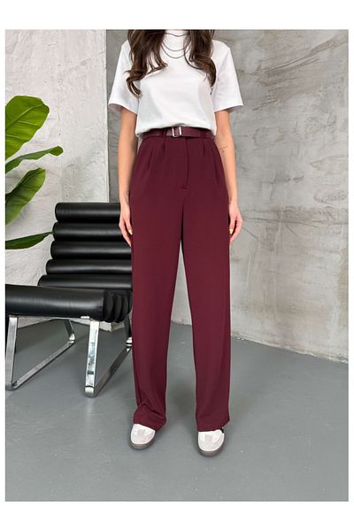 Elif Özbey Butik Burgundy Double Pleated Belted Trousers