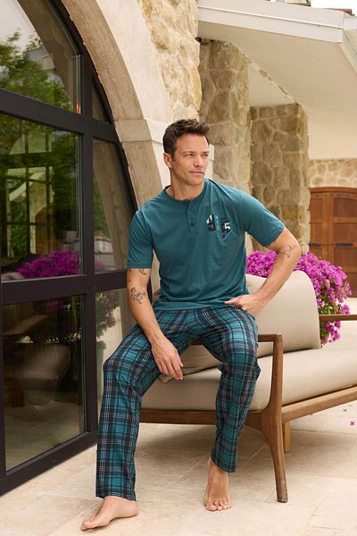 Pijamaevi Grün kariertes 95 NYC gemustertes Kurzarm-Pyjama-Set für Herren