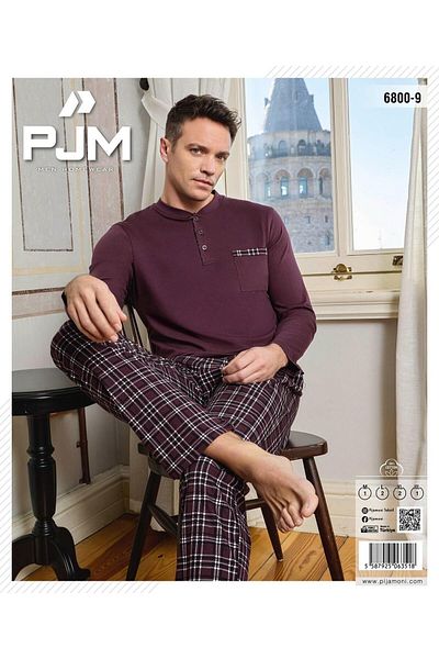 Pijamoni طقم بيجامة موسمية بأكمام طويلة وياقة بأزرار للرجال 6800/9 - قطعة واحدة