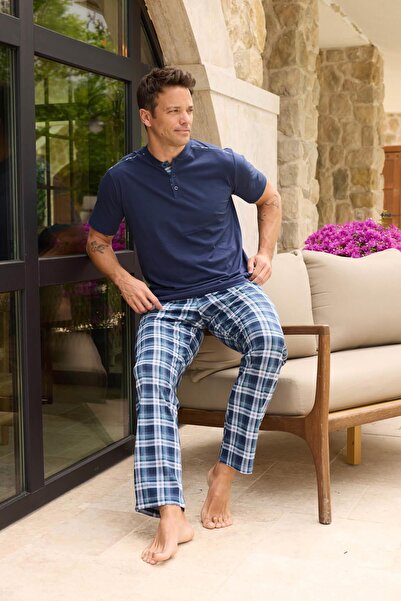 Pijamaevi Navy Blue Plaid Line Edge Detailed Short Sleeve Men's Pajama Set