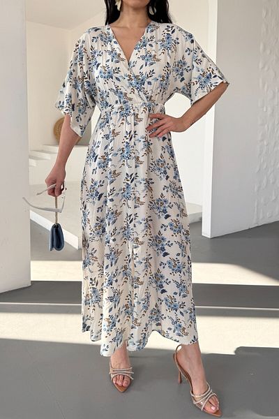 Pek Moda Rochie de seară lungă cu model floral, crem, albastru nud, cu fustă cu volan, rochie de vară de absolvire
