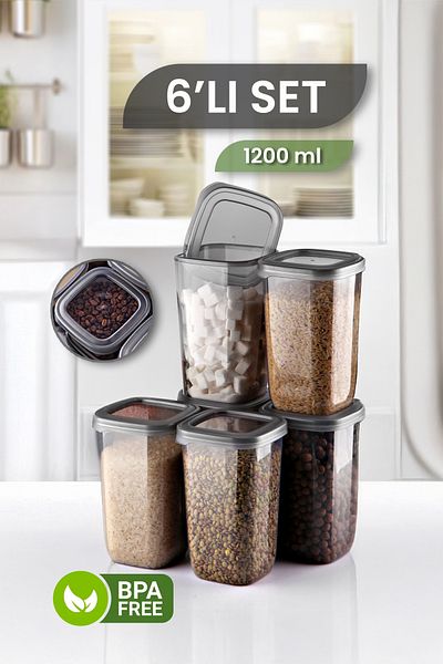 MYBOX Set of 6 Square Food Storage Containers - Multi-Purpose Pulses Storage Box with Leakproof Lid - 1200 ml