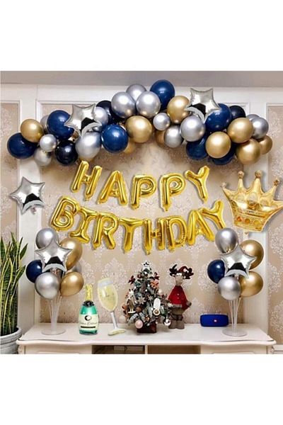Ezgi Party Store Happy Birthday Foil Balloon Metallic Dark Blue-Silver-Gold Balloon 60's Chain Birthday Set