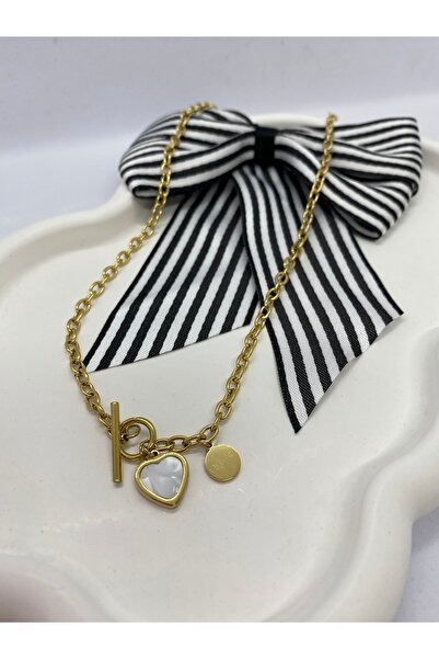 Lucky BE Collection LUCKY B&E KALIN ZİNCİRLİ BEYAZ SEDEFLİ KALP ÇELİK KOLYE GOLD
