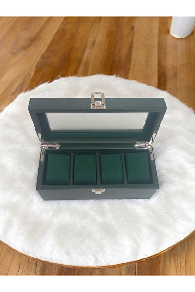 Moda fiesta Deri  4Lu Saat Çantası Kutusu Camlı Kilitli Ahşap Kasalı(haki)