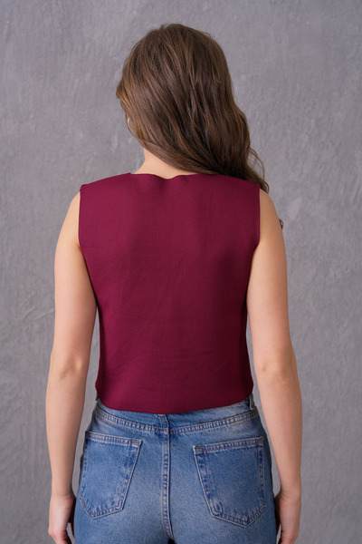 vuvutasarım Stretchy Knitwear Fabric Button Detailed Sleeveless Burgundy Crop Blouse 9902