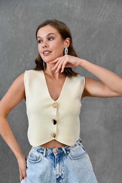 vuvutasarım Cream Crop Μπλούζα - Stretchy Knitwear, Button Detail, Sleeveless 9902