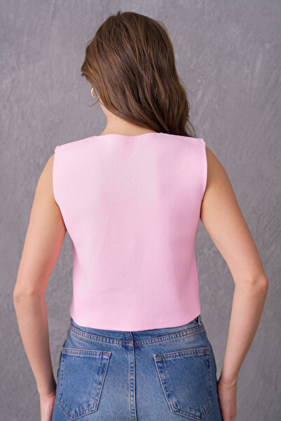 bayansepeti Powder Pink Stretchy Knitwear Fabric Design Button Detailed Crop Pink Vest 9902
