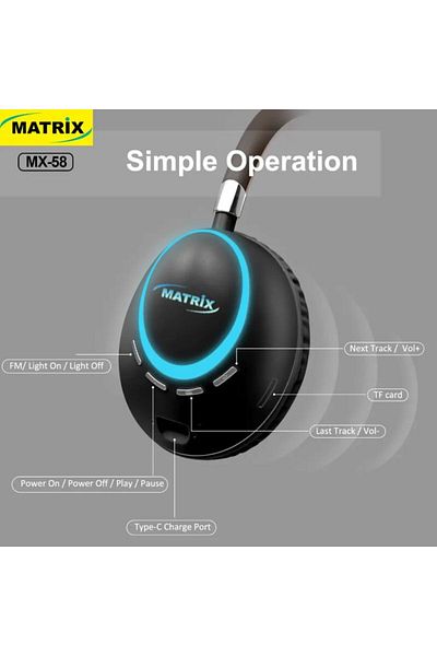 Matrix Wireless Headphones With RGB Lights - 400 maAh - Black - MX-58