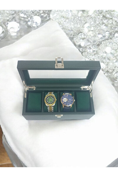 Moda fiesta Deri  4Lu Saat Çantası Kutusu Camlı Kilitli Ahşap Kasalı(haki)