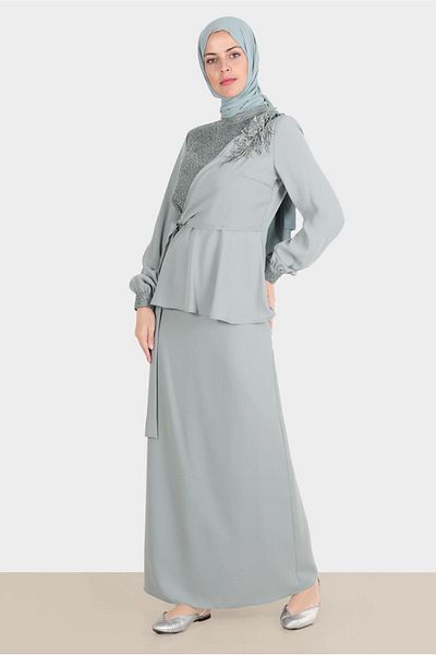 Alvina 30282 طقم تنورة مزدوجة منقوشة بالزهور المرصعة