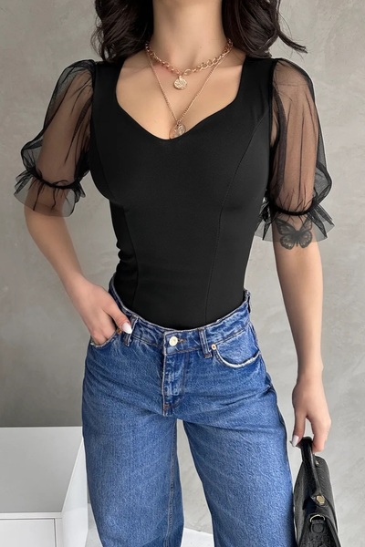 SOPHİA STAR Γυναικεία μπλούζα από τούλι με λεπτομέρειες και μανίκια πριγκίπισσας