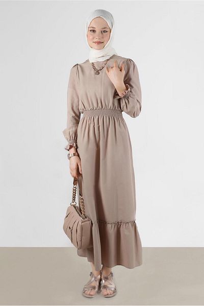 Alvina Cotton Dress - Gathered Waist and Cuffs, Model 42693