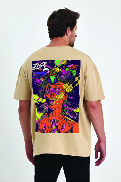 By Caspita Fashion Lenithra Psychedelic Sırt Baskılı Unisex Oversize Bej T-shirt