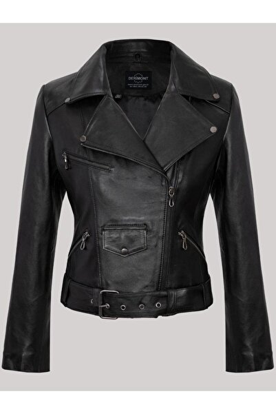 DeriWork Hakiki Kuzu Derisi Bel Kemerli Yandan Fermuarlı Kadın Deri Ceket Siyah