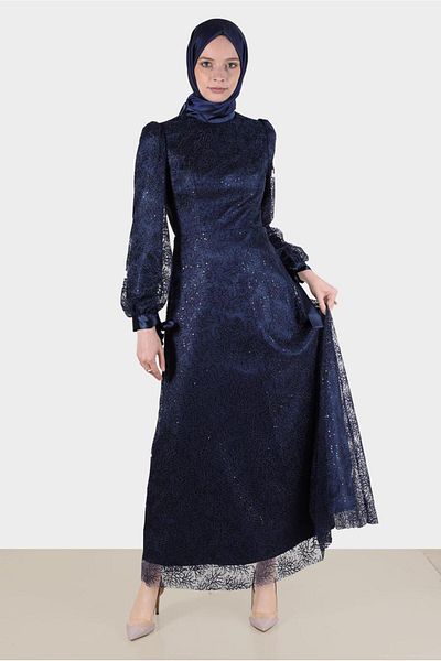 Alvina Satin Laced Cuff Detail Guipure Evening Dress - 50258