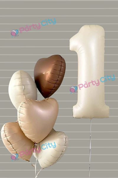 Party City Σετ μπαλονιών γενεθλίων 1 έτους - Μπαλόνια καρδιάς σε ρετρό μπεζ καφέ Latte |   Σετ πάρτι και στολισμού