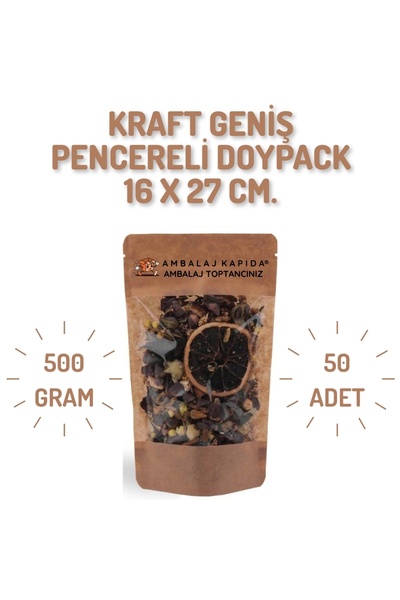 Doypack Kraft Geniş Pencereli Kilitli 16x27*8 50 Li