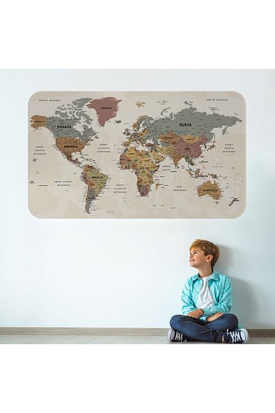 Harita Sepeti Turkish Educational Country And Capital Ocean Detailed Atlas Decorative World Map Wall Sticker-3838