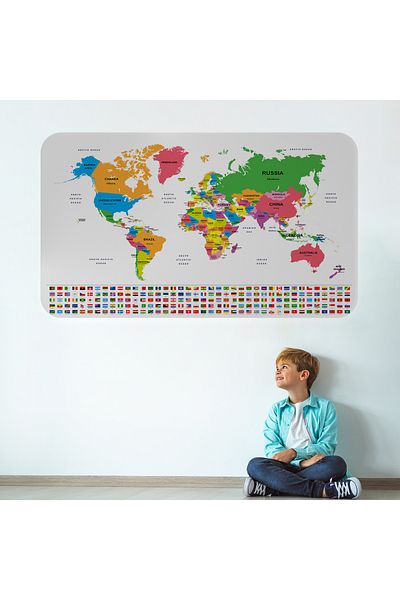 Harita Sepeti Educational Capital Detailed Atlas with Country Flag World Map Wall Sticker-3833