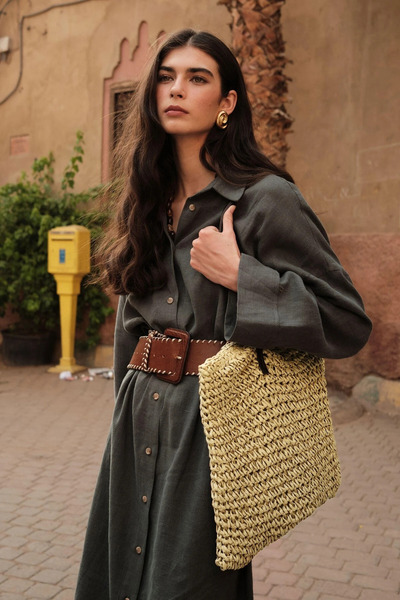 Luminos Butik Μπεζ Χειροποίητη Πλεκτή Ψάθινη Γυναικεία Τσάντα 35x46 εκ.