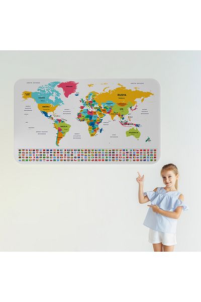 Harita Sepeti Turkish Country Flag Educational Capital Detailed Atlas World Map Wall Sticker-3834