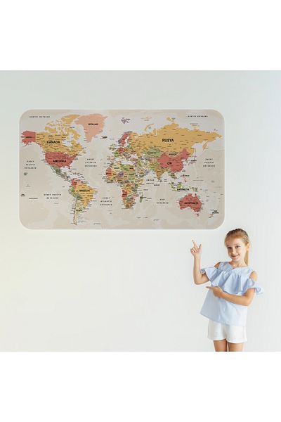 Harita Sepeti Turkish Educational Country And Capital Ocean Detailed Atlas Decorative World Map Wall Sticker-3837