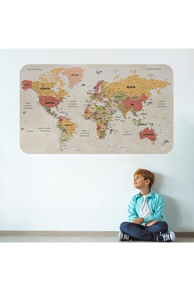 Harita Sepeti Turkish Educational Country And Capital Ocean Detailed Atlas Decorative World Map Wall Sticker-3837