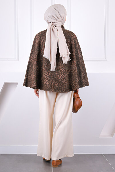 İmajButik Πόντσο με καφέ λεοπάρ μοτίβο με ζώνη μέσης