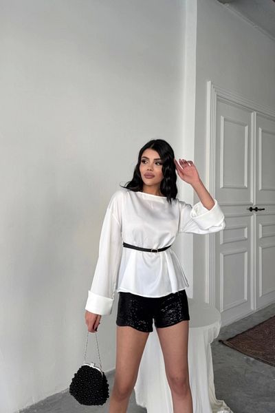 POLEXP Belt Detail Satin Bluz - White
