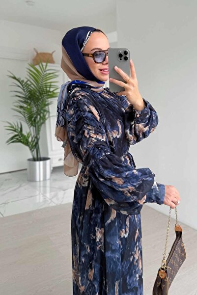 Ka Hijab Navy Blue Sleeve Gathered Patterned Chiffon Dress