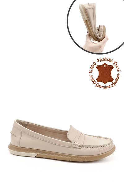 GÖNDERİ(R) Mocasnic confortabil din piele naturală antică Rok bej pentru femei/fete