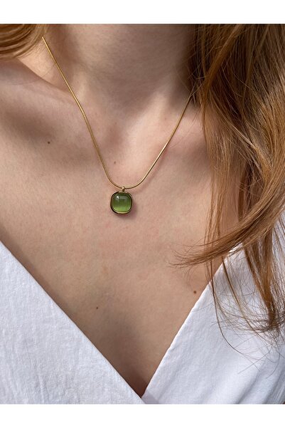 Hora Yeşim Taşlı Carré Gold Çelik Kolye