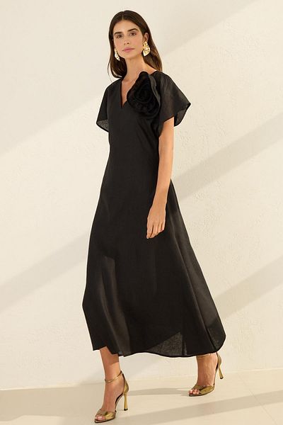 Setre Black V-Neck Rose Detailed Full Mold Midi Length Linen Dress