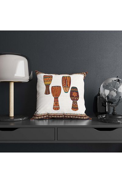 Hayal Dekoratif African Themed White Background in Red Yellow Colors Gift 4-Piece Digital Printed Throw Pillow Covers