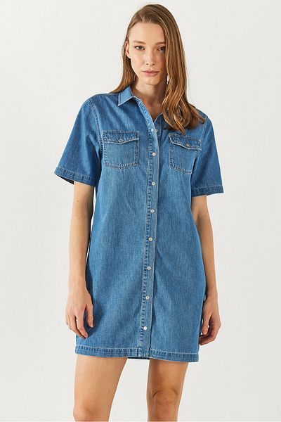 VENA Rochie cămașă cu mânecă scurtă Med Blue Jean - MED BLUE