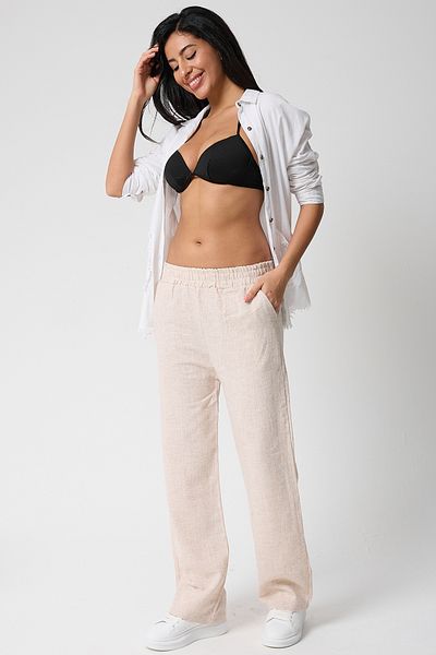 Firststops Women's Beige Elastic Waist Linen Trousers with Pockets