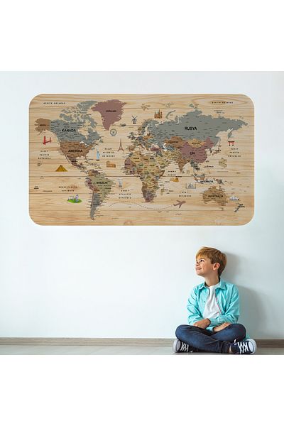 Harita Sepeti Wooden Look Turkish Educational Detailed Atlas Decorative World Map Wall Sticker-3844