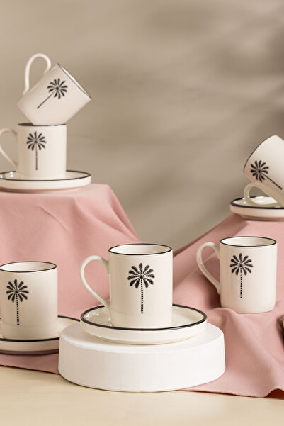 çarşıdayız 6 Kişilik 12 Parça Palmiye Desenli Siyah Kahve Fincan Seti – Tropi...