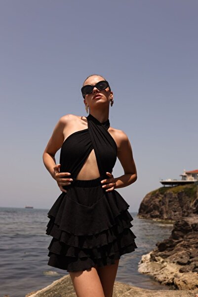 La Sarta Mykinos Black Cross Tied Halter Shorts Dress