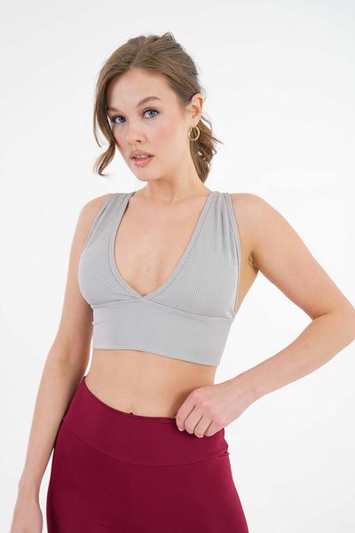 Saade Gray Low-Cut V-Neck Ribbed Knitted Seamless Cotton Crop Bustier - Padded Sports Bra