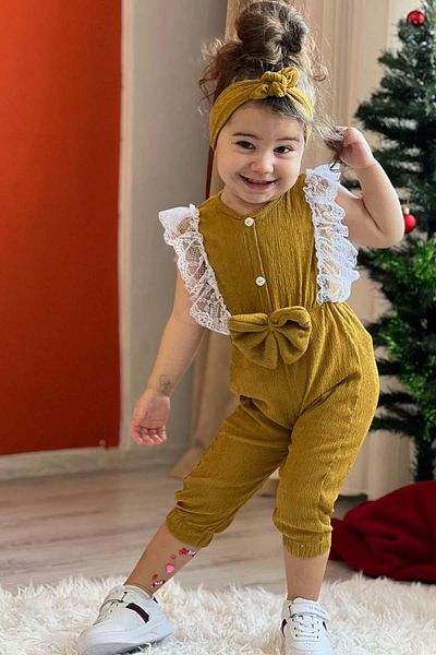 Riccotarz Girl's Shoulder to Chest Lace Embroidered Waist Bow Detailed Bandana Mustard Jumpsuit