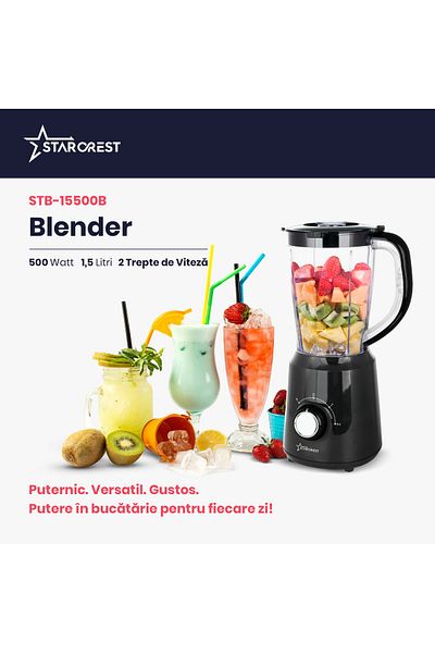 STARCREST Blender STARCREST STB-15500B, 500 W, 1.5 l, 2 viteze + functie Pulse, Negru