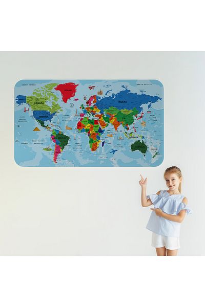 Harita Sepeti Turkish Educational Country And Capital Ocean Detailed Atlas Decorative World Map Wall Sticker-3866