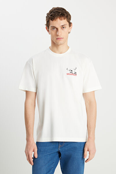 WRANGLER %100 Pamuk Relaxed Fit Geniş Kesim Bisiklet Yaka Kırık Beyaz Tişört