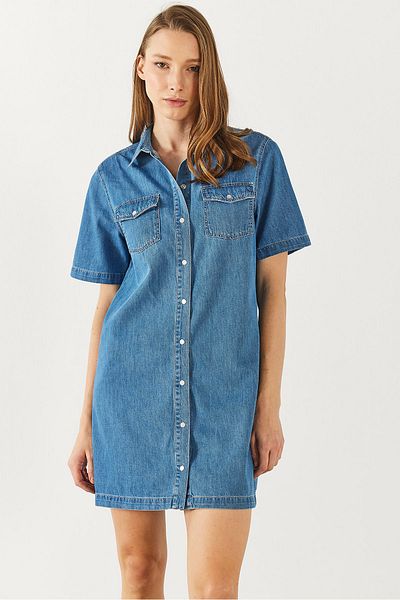 VENA Rochie cămașă cu mânecă scurtă Med Blue Jean - MED BLUE