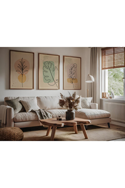 ARTCASTLE Set de 3 tablouri cu ramă din lemn Line Flower