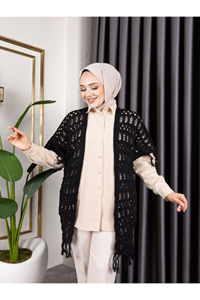 Sfg Life Moda Women's Seasonal Fringed and Openwork Cotton Knitwear Cardigan