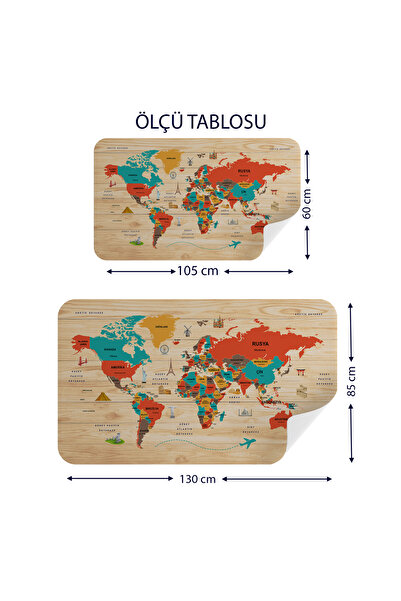 Harita Sepeti Wooden Look Turkish Educational Detailed Atlas Decorative World Map Wall Sticker-3867